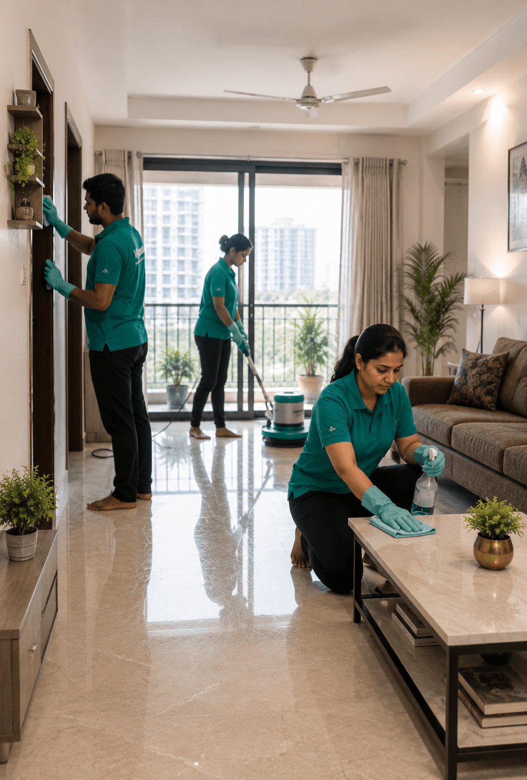 VSpark crew deep cleaning a modern apartment in Bangalore